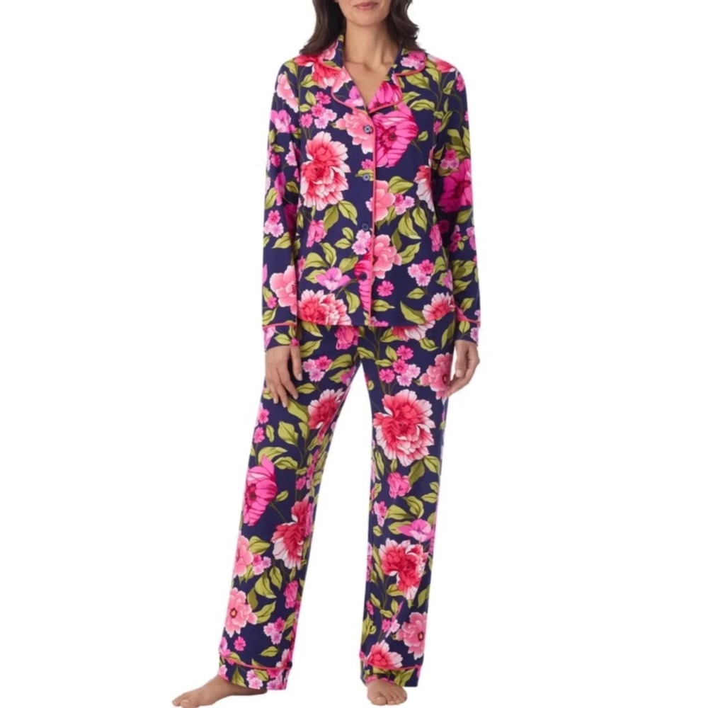 Room Service Womens XXL Notch Collar Pajama Set Blue Floral 2pc Sleepwear Cozy